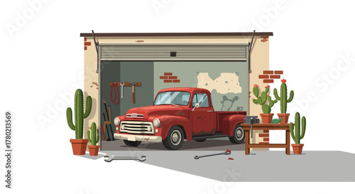 Vintage red pickup truck parked in garage with an open rollup door, surrounded by cacti, tools, and workbench, suggesting rustic workshop or garage scene with classic automobile