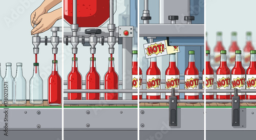 Automated production line filling bottles with red sauce, highlighting food processing and manufacturing efficiency