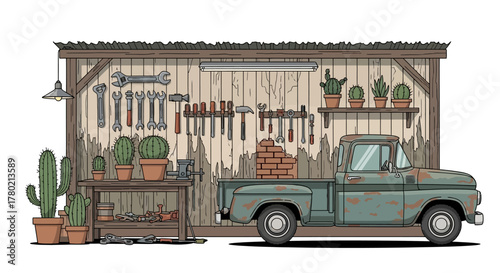 Rustic garage scene with vintage pickup truck parked in front wooden wall adorned with tools and plants