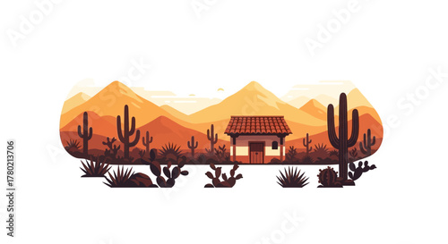 Solitary adobe house nestled in vast desert landscape with silhouetted saguaro cacti and rolling orange mountains under warm, hazy sky, evoking sense isolation and tranquility