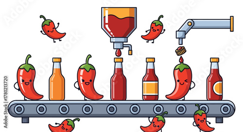 Whimsical cartoon depicts conveyor belt in factory setting where animated chili peppers are being bottled as hot sauce, with robotic arm assisting