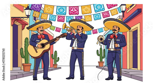 Lively mexican street scene featuring mariachi band playing music, with three musicians in traditional charro suits and sombreros, decorated with colorful papel picado banners overhead