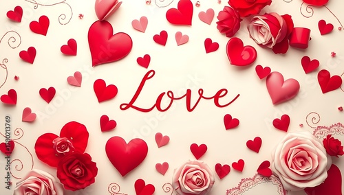 Love themed image with hearts, roses, and the word 'Love' in red script.