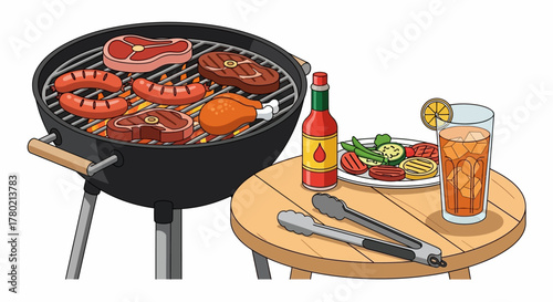 Delicious barbecue spread featuring various meats like steaks, sausages, and chicken grilling on black kettle barbecue, with side table holding condiments, salad, and refreshing iced drink