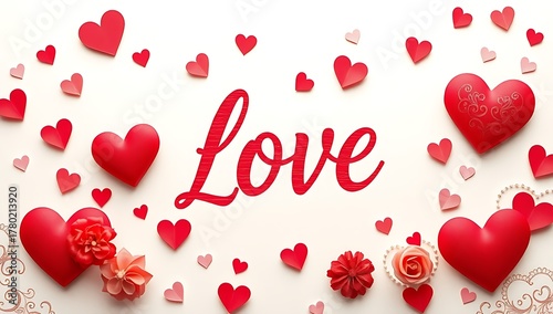 The word Love in red script surrounded by a border of red hearts and flowers on a white background.