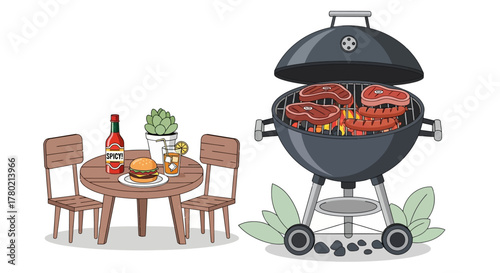 Barbecue grill with steaks and burgers on table with chairs, bottle wine, and plant