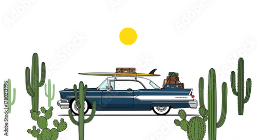 Vintage blue car loaded with luggage and surfboard on the roof, driving through desert landscape with cacti and sun