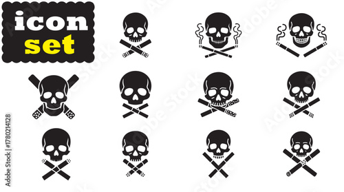 Skull and two cigarettes icon Set, Skull and two cigarettes solid vector