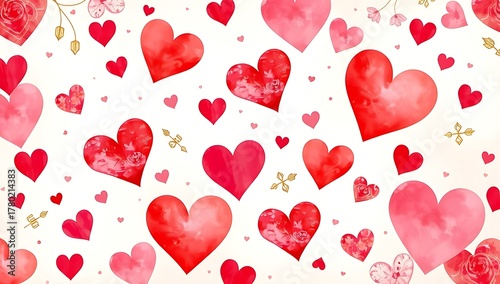 A beautiful and romantic background filled with various sizes and shades of red and pink watercolor hearts, perfect for Valentine's Day.