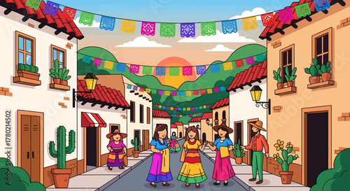 Vibrant mexican village street adorned with papel picado banners, where people in traditional attire gather and interact, evoking sense community and cultural festivity