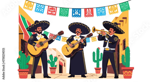 Three mariachi musicians in traditional charro suits perform with guitars and trumpet on festive street decorated with papel picado, capturing the essence mexican musical tradition