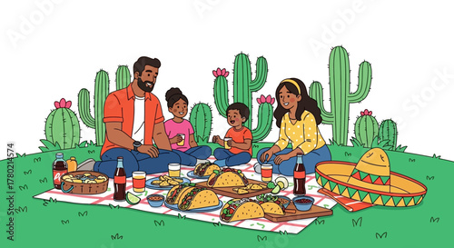 Diverse family enjoys picnic with tacos and drinks surrounded by cacti and sombrero, representing festive outdoor meal and mexican culture