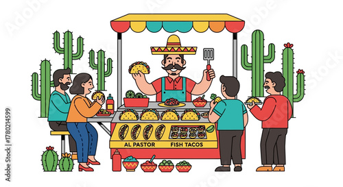 Mexican taco stand with vendor serving customers, featuring various tacos and salsas, surrounded by cacti and festive decorations, capturing street food experience