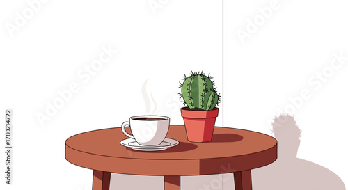 Steaming cup coffee and small potted cactus on round wooden table, with soft shadows cast on