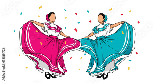 Two women in traditional mexican dresses dancing with colorful confetti falling around them