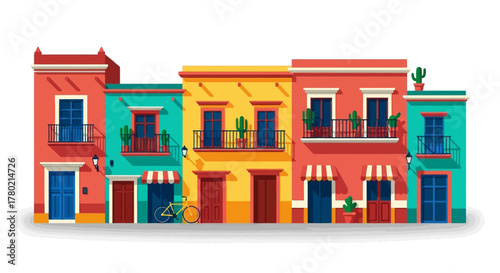 Colorful row traditional mexican houses with vibrant facades, balconies, potted plants, and bicycle parked outside