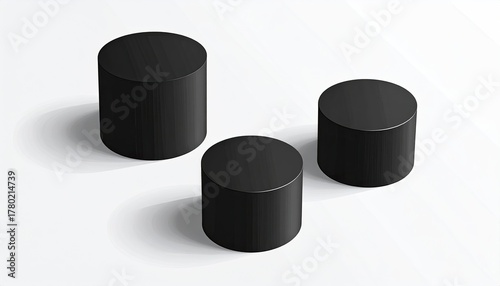 Three black cylinders casting soft shadows on a white surface