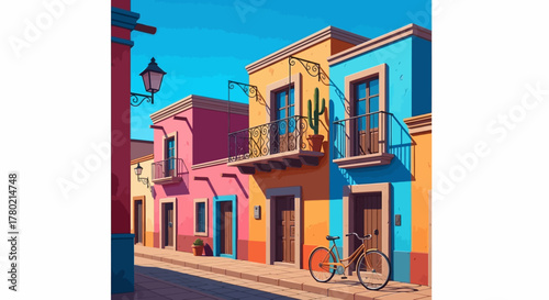 Charming street view traditional mexican buildings with brightly colored walls, balconies adorned with plants, and vintage bicycle resting on the cobblestone path under clear blue sky