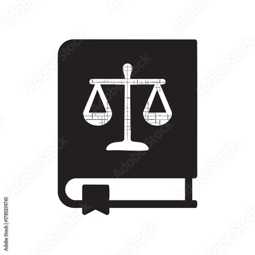 A black book with a white scales of justice symbol on cover