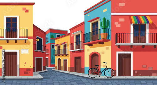 Colorful street scene in mexican town with vibrant buildings, balconies, and bicycle parked on the cobblestone street, evoking sense traditional architecture and lively atmosphere
