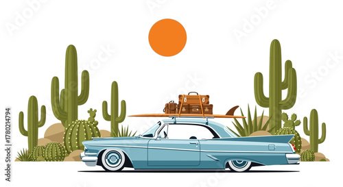 Retro american convertible car loaded with luggage and surfboard, cruising through desert landscape with saguaro cacti under bright orange sun, symbolizing classic road trip adventure