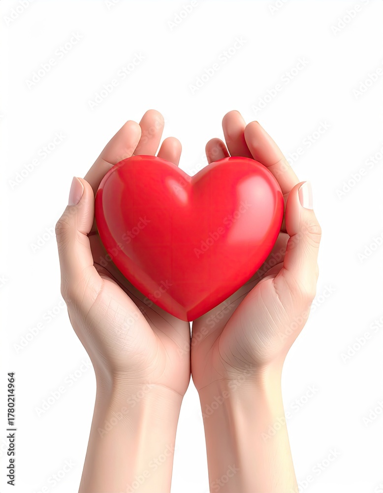 Fototapeta premium Hands gently cradle a bright, glossy red heart shape