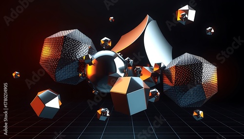 Abstract 3D rendering of metallic and glowing geometric shapes floating above a digital grid.