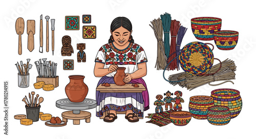 Indigenous woman crafting pottery, surrounded by traditional woven baskets, clay pots, and artisan tools, cultural heritage
