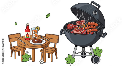 Barbecue grill with steaks and sausages cooking, next to small wooden table with chairs, bottle ketchup, and plate meat, with leaves scattered around