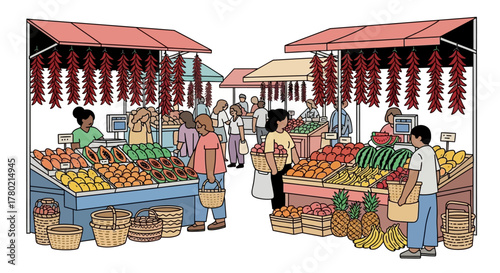Bustling outdoor market scene with stalls selling fresh fruits and vegetables, people shopping and interacting, with hanging chili peppers and baskets, depicting vibrant community gathering