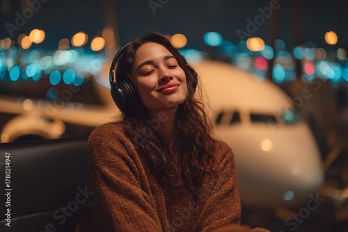Relaxed young woman listening to music with headphones in airport lounge before travel, enjoying peaceful moment before flying tonight