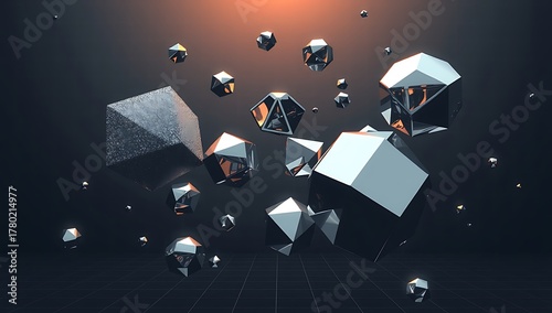 Abstract digital art featuring floating geometric shapes with metallic surfaces and reflective properties.