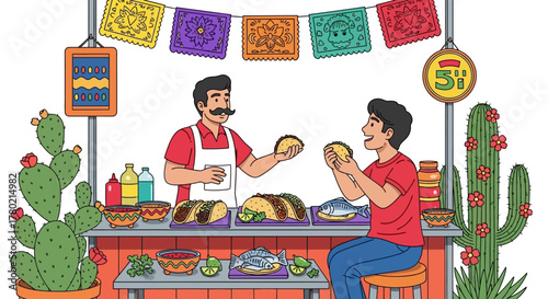 Lively mexican street food stall where vendor serves tacos to customer, surrounded by colorful decorations, cacti, and condiments, capturing the essence authentic mexican cuisine and street life