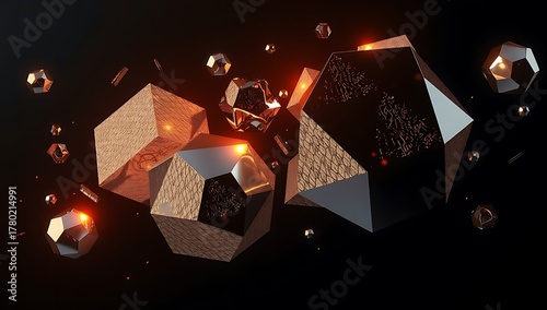 Abstract 3D render of geometric shapes in gold and black on a dark background.