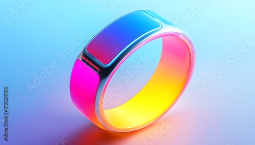 Modern smartwatch with glowing multicolor ring on a reflective dark surface.