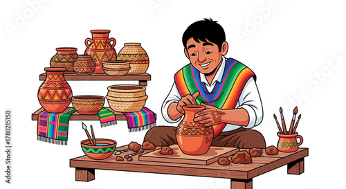 Smiling indigenous man wearing colorful poncho is crafting clay pot on wooden table, surrounded by shelves filled with various pottery
