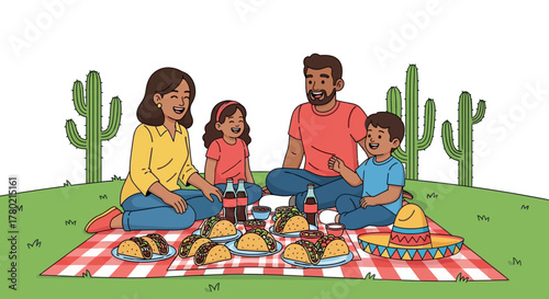 Happy family enjoying picnic with spread tacos and drinks on checkered blanket, surrounded by cacti in grassy field