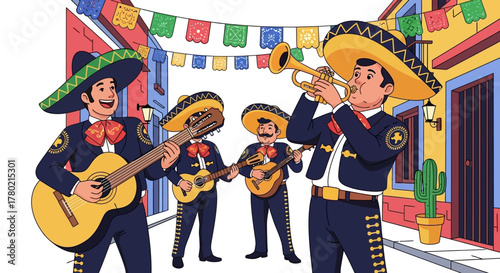 Lively mariachi band performing music in colorful mexican street with buildings and papel picado decorations