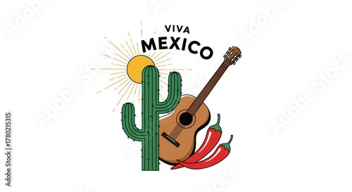 Viva mexico featuring cactus, guitar, and chili peppers