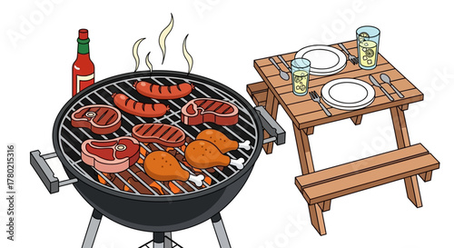 Charcoal grill loaded with various meats and chicken legs, sizzling and smoking, next to wooden picnic table set for two with plates and drinks, perfect for summer barbecue gathering