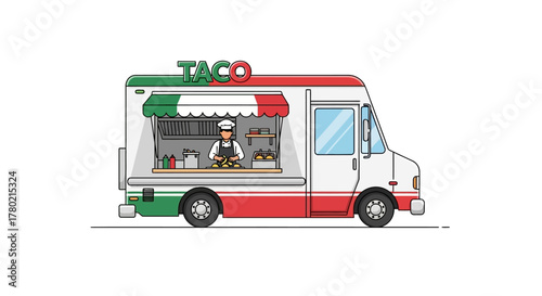 Colorful taco truck with the word taco on top, featuring chef inside preparing food, and the truck painted in the colors the italian flag