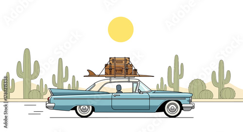 Vintage light blue convertible car driving through desert landscape with saguaro cacti, carrying luggage and surfboard on the roof rack under bright yellow sun, symbolizing road trip adventure