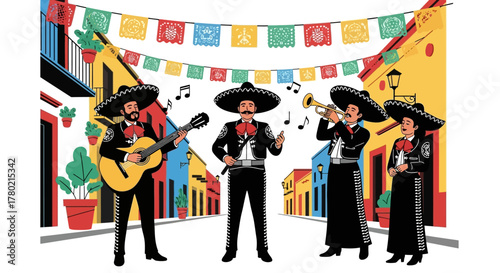 Mariachi band playing music in colorful mexican street with papel picado decorations