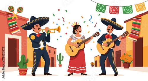 Mariachi band plays music in colorful mexican village with confetti and festive decorations, capturing the vibrant spirit celebration and traditional culture