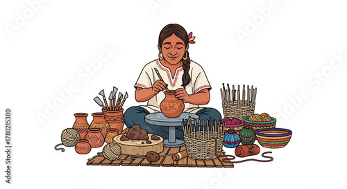 Woman is crafting pottery on wheel, surrounded by her handmade ceramic creations and woven baskets, showcasing traditional artisan skill and cultural heritage