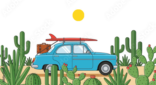 Vintage blue car loaded with luggage and surfboard on the roof, driving through desert landscape with various cacti under bright yellow sun, road trip adventure