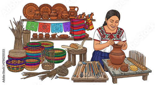 Indigenous woman crafting pottery, surrounded by vibrant display handmade textiles, baskets, and ceramic, showcasing traditional craft and cultural heritage