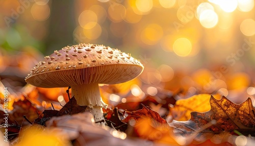 Autumn Forest Floor Mushroom Amidst Golden Sunlight and Fallen Leaves Macro Shot