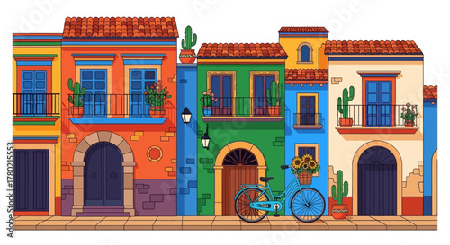 Colorful mexican buildings with balconies, potted plants, and bicycle parked on the sidewalk, showcasing vibrant architecture and charming street scene