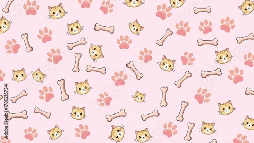 Cute, whimsical pattern of cartoon cat bones and pink paw prints, ideal for pet products, children's designs, or animal-themed projects.